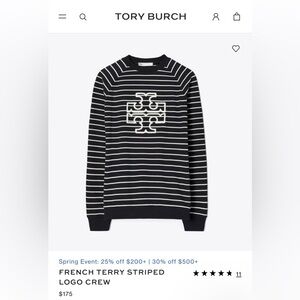 Tory Burch FRENCH TERRY STRIPED LOGO CREW Size Small EUC Navy White Classic Logo
